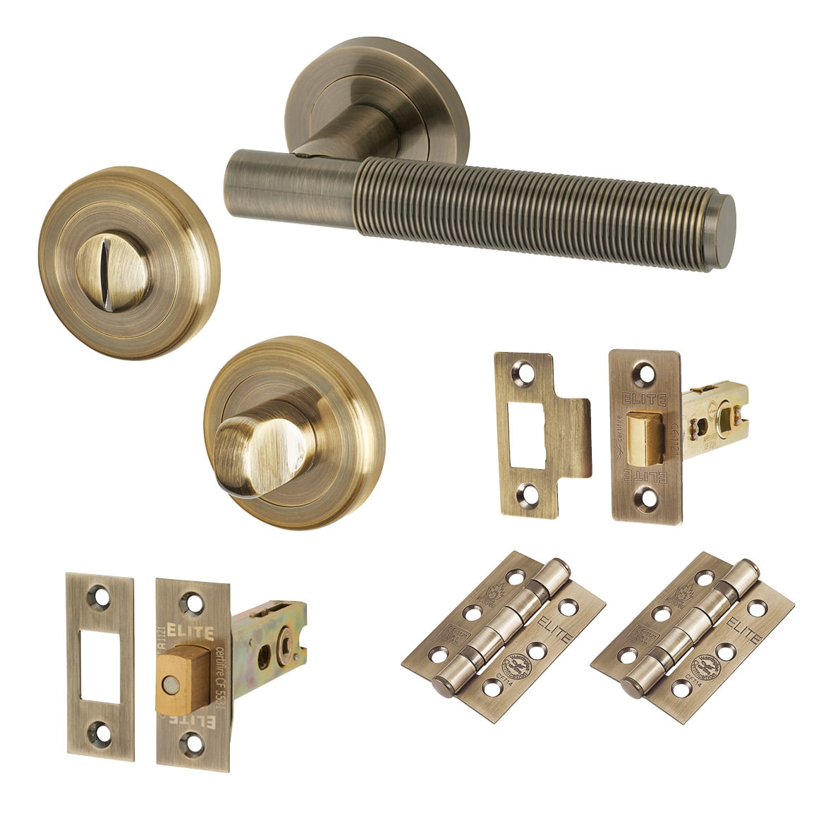 Antique Brass Reeded Bathroom Deadbolt Lock Door Handles on Rose Pack - Lily Range