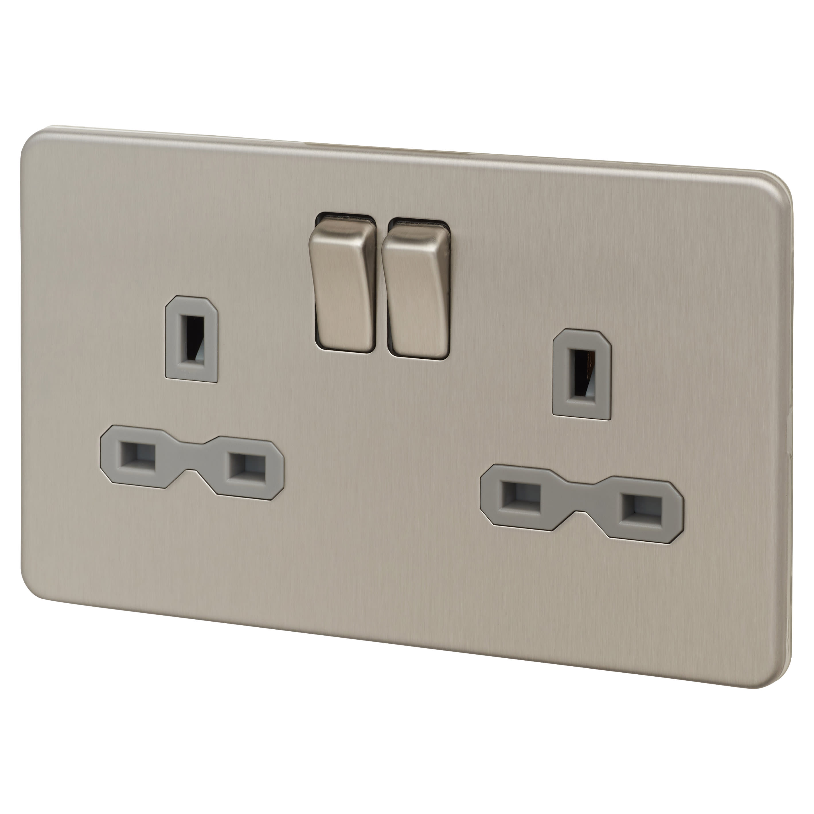 13A 2 Gang Screwless Flat Plate Switched DP Socket - Brushed Chrome with Grey Insert