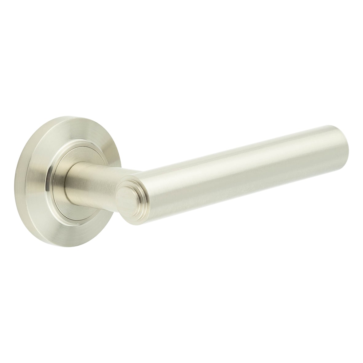 Satin Nickel Fire Rated Door Handles on Round Chamfered Rose - Richmond Range