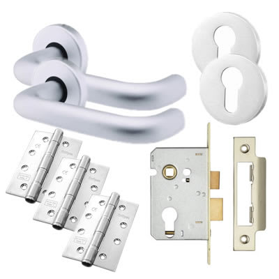 Satin Aluminium 19mm Return to Door Euro Lock Door Handles on Rose Pack