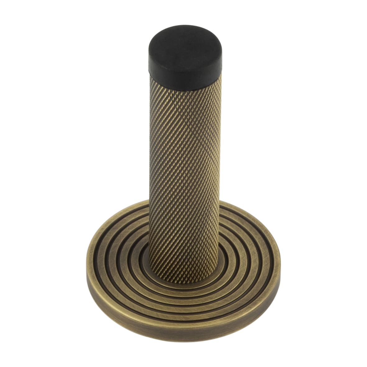 Knurled Projection Door Stop on Reeded Rose - 76mm Projection - Antique Brass