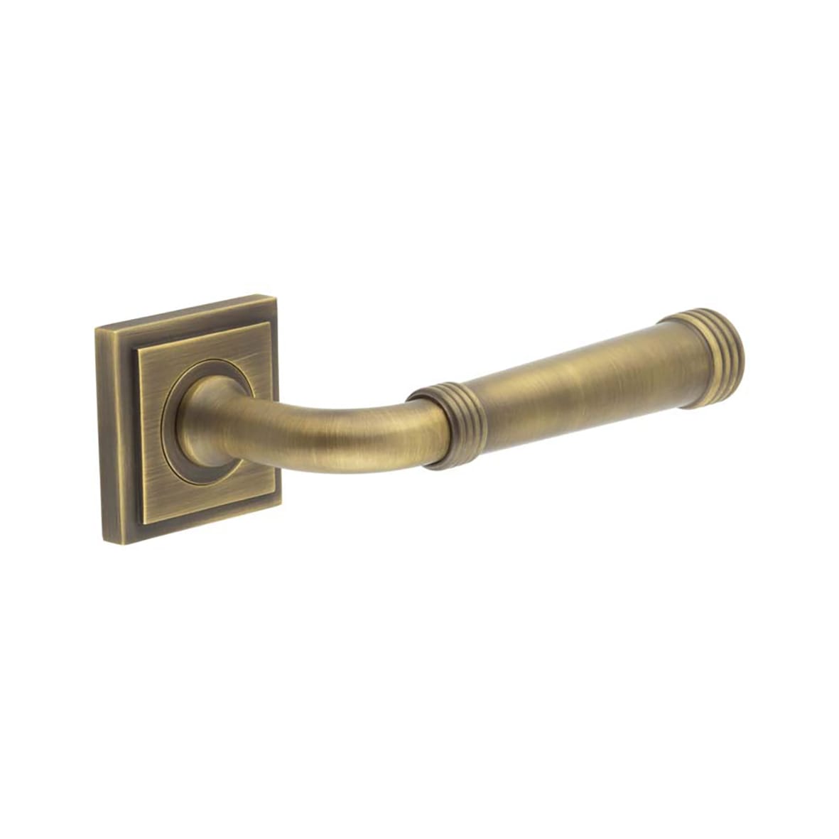 Antique Brass Fire Rated Door Handles on Square Stepped Rose - Highgate Range Rose