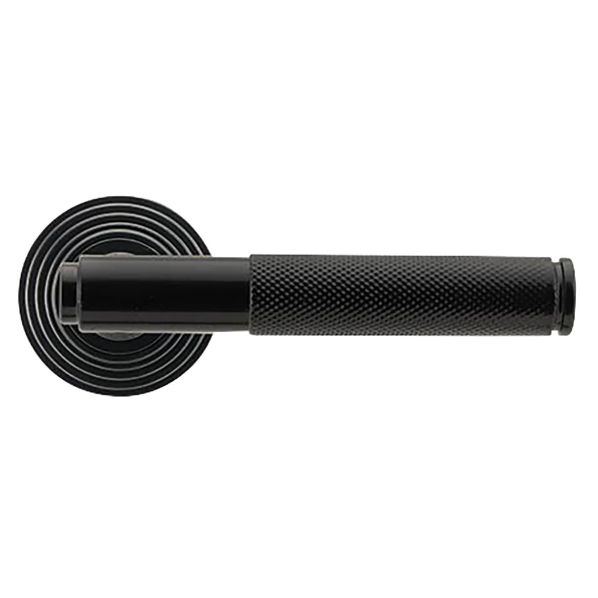 Black Knurled Door Handles on Round Beehive Rose - Brompton Range