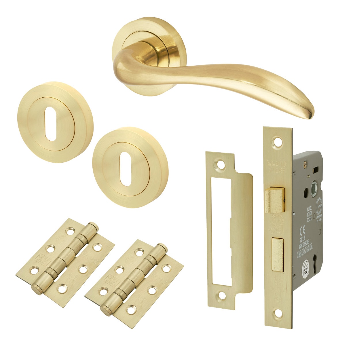 Satin Brass 3 Lever Sashlock Door Handles on Rose Pack - Sussex Range