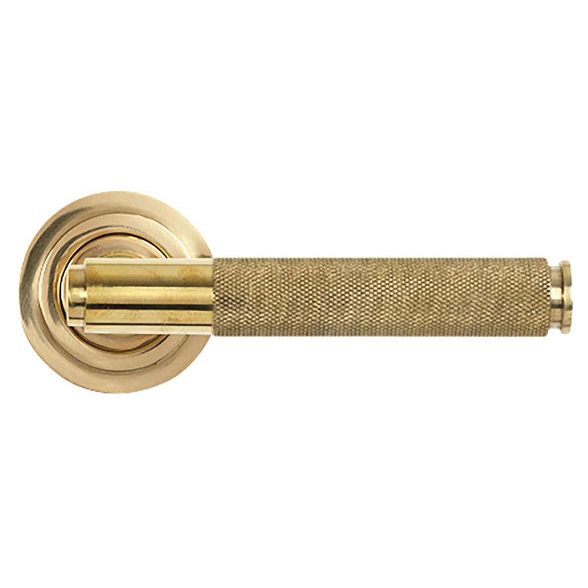 Polished Brass Knurled Door Handles on Round Art Deco Rose - Brompton Range