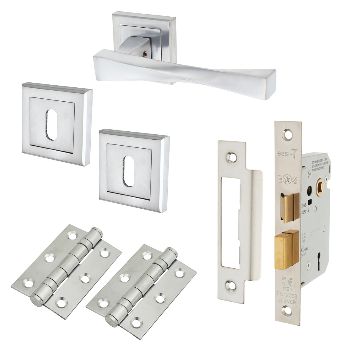 Satin Chrome 3 Lever Sashlock Door Handles on Square Rose Pack - Spirit Range