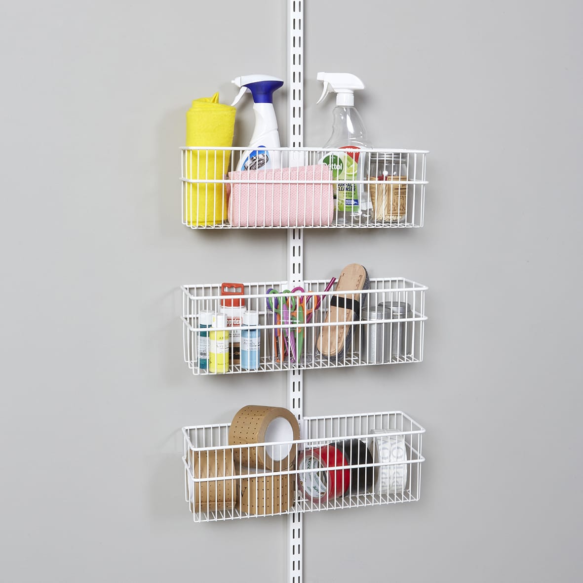 Wardrobe & Wall Mounted Storage Kit - 1 x Twin Slot Wall Upright & 3 x Wire Baskets - White
