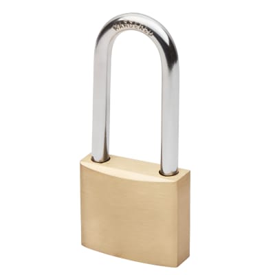 Watchman by Squire Long Shackle Padlock - 40mm Body - 64 x 23mm Shackle - Keyed to Differ - Brass