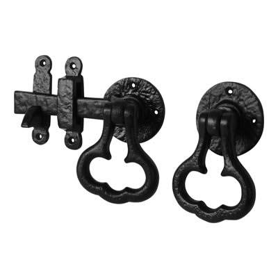 Cottage Style Ring Gate Latch Set - 150mm Throw - Antique Black Iron