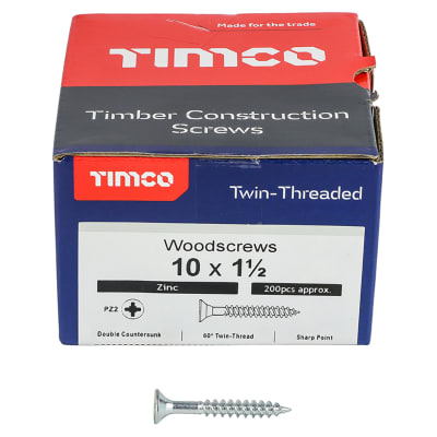 Twin Threaded Pozi Countersunk Wood Screws - 10 x 1 1/2" - Zinc Plated - Pack of 200