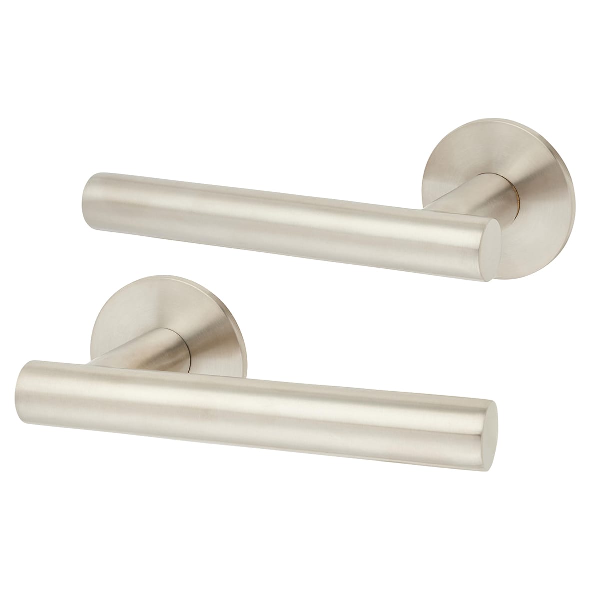 Satin Stainless Steel Door Handles on Round Slim Rose - Schema Vinklad Range