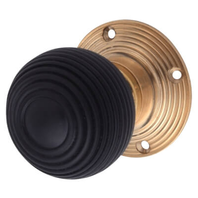 Ebony Knob & Polished Brass Rose Cottage Mortice/Rim Door Knob - 58mm Rose Diameter