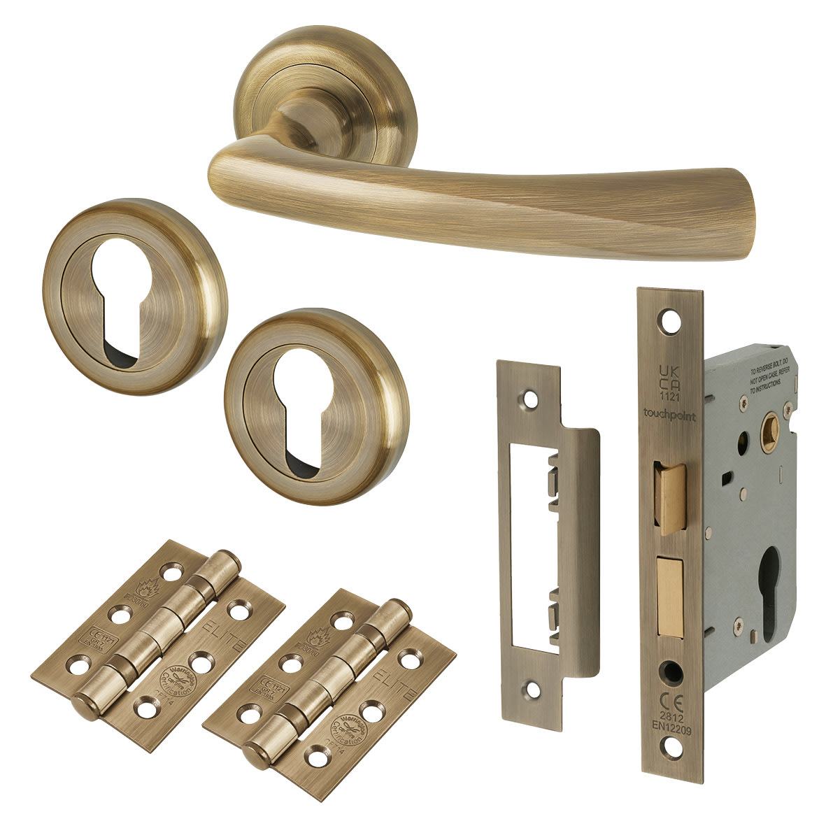 Antique Brass Euro Lock Door Handles on Rose Pack - Rochester Range