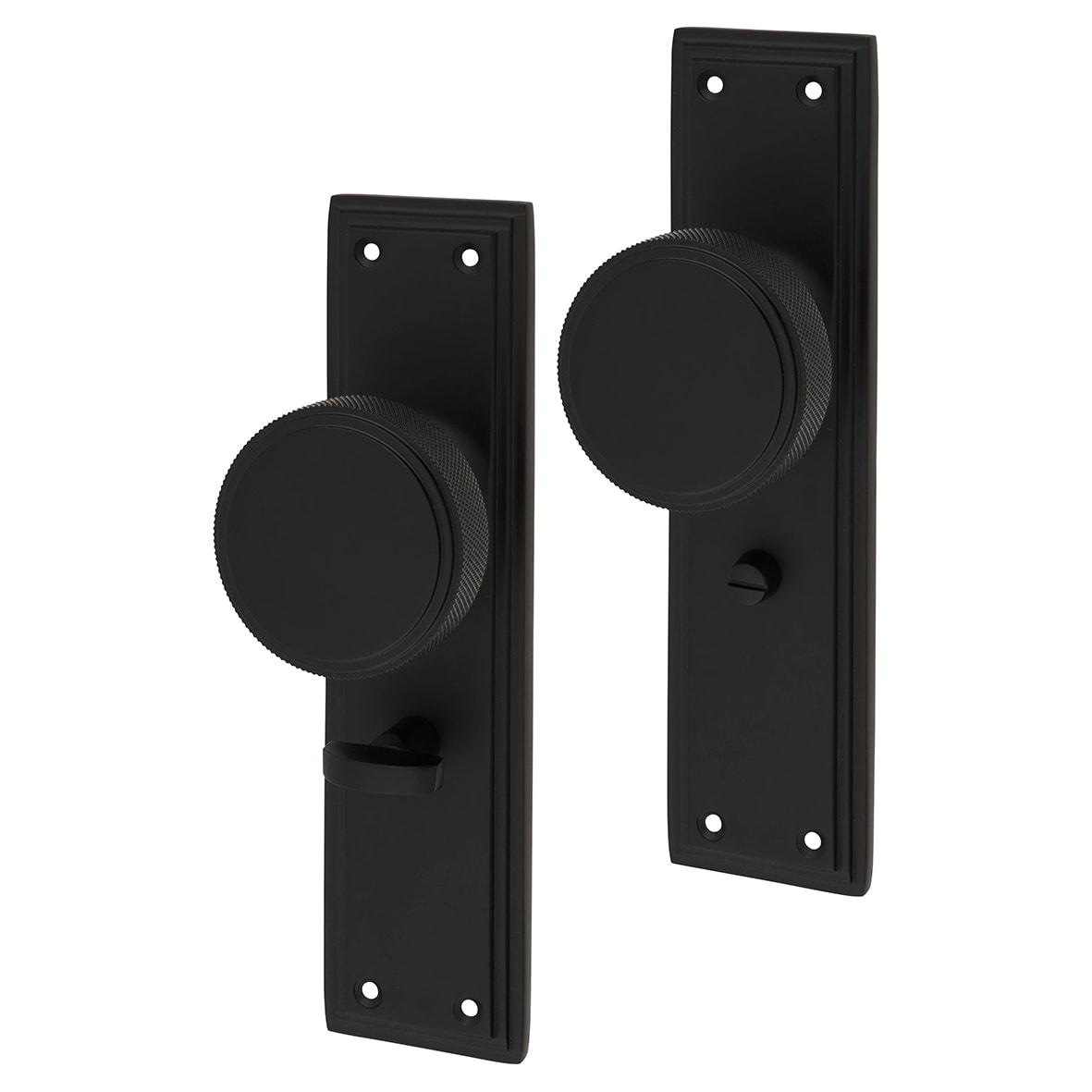 Matt Black Knurled Bathroom Mortice Door Knob on Backplate - 205 x 52mm - Miller Range