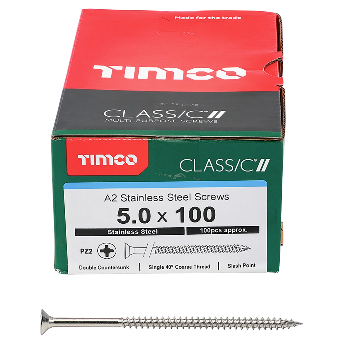 Classic Pozi Countersunk Wood Screws - 5.0 x 100mm - A2 Stainless Steel - Pack of 100