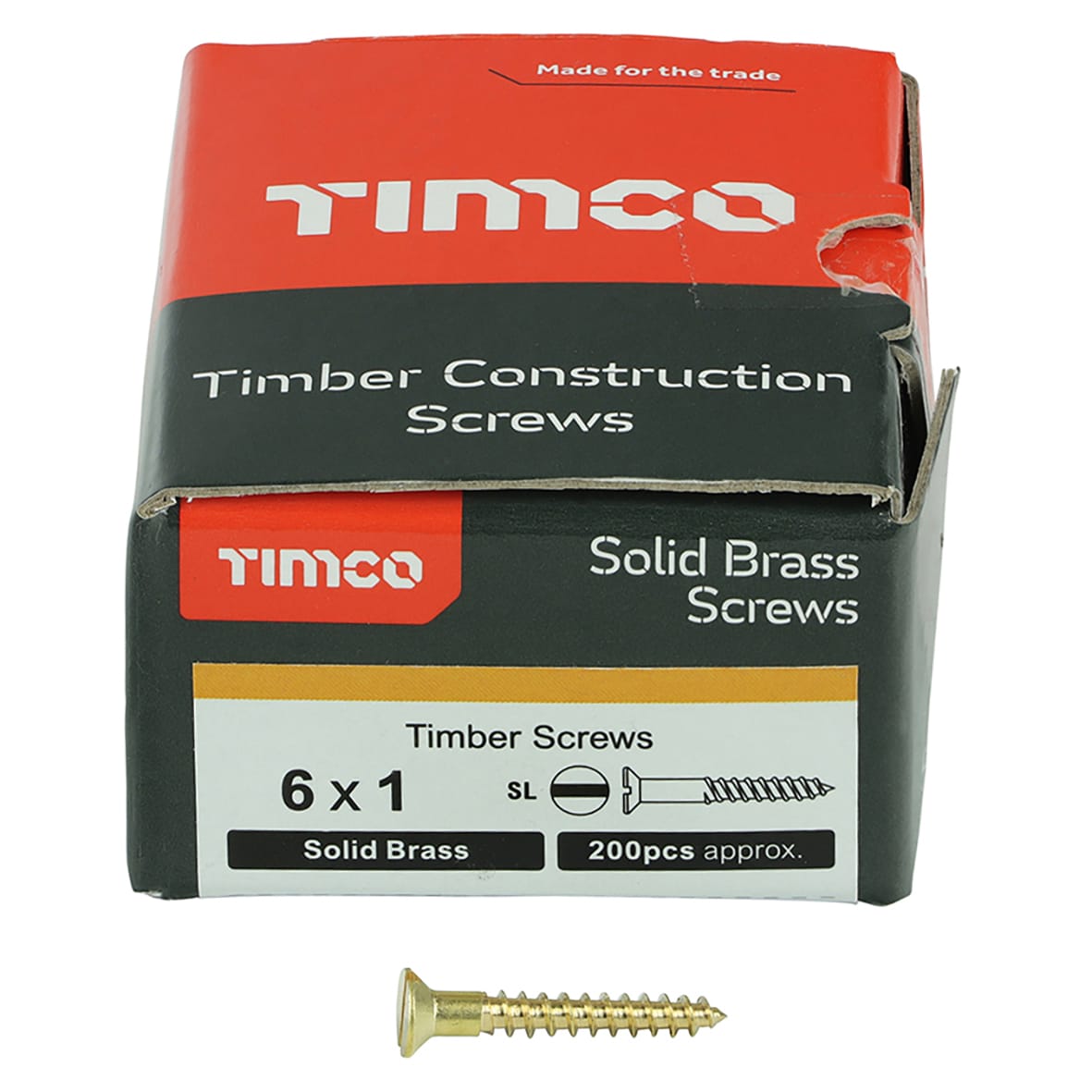 Slotted Countersunk Wood Screws - 6 x 1" - Solid Brass - Pack of 200
