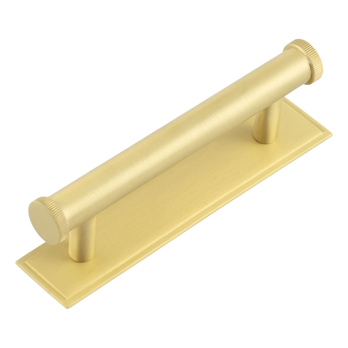 Thaxted 15mm Lines T-Bar Cabinet Pull Handle on Stepped Backplate - 96mm c/c - Satin Brass