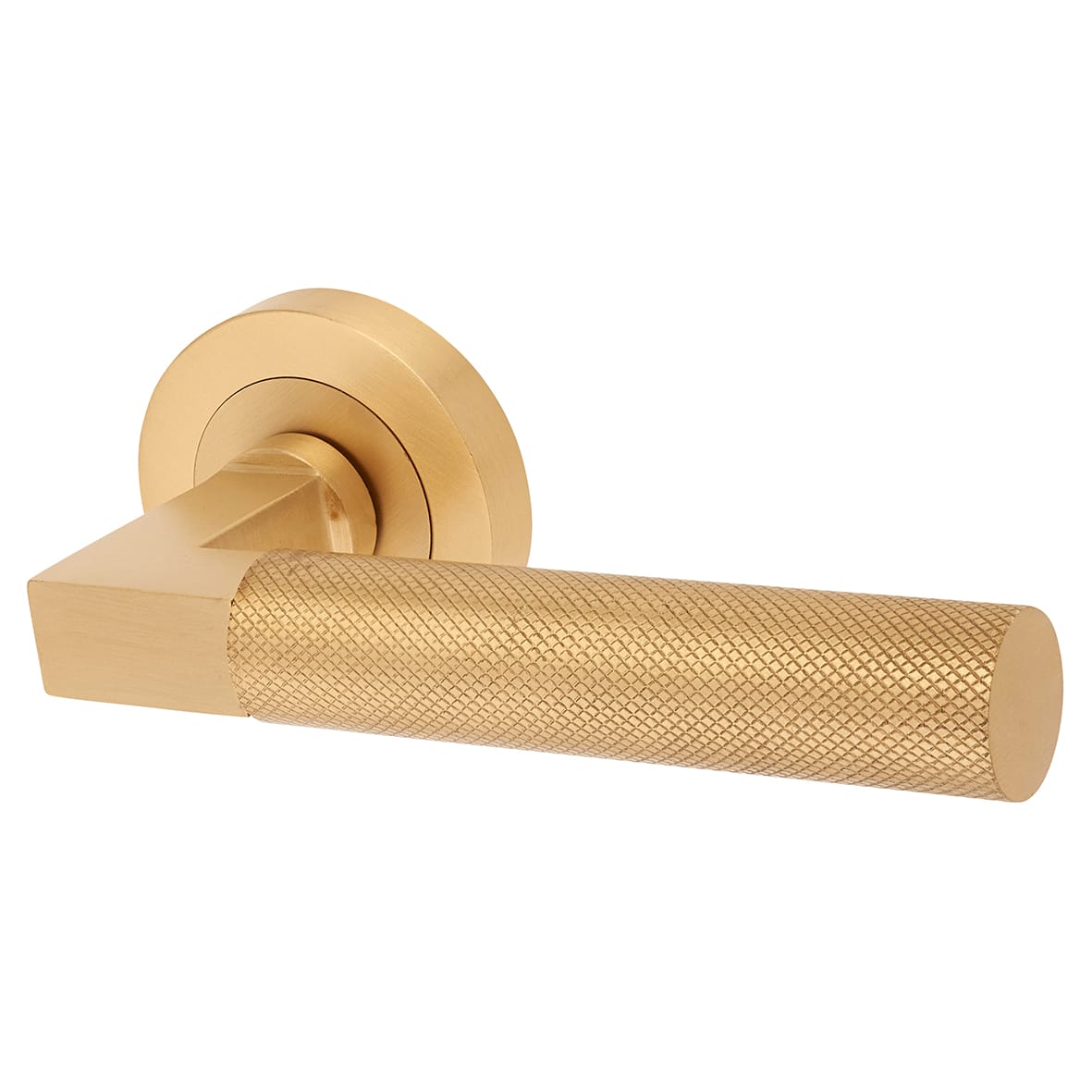 Satin Brass Knurled Door Handles on Round Rose