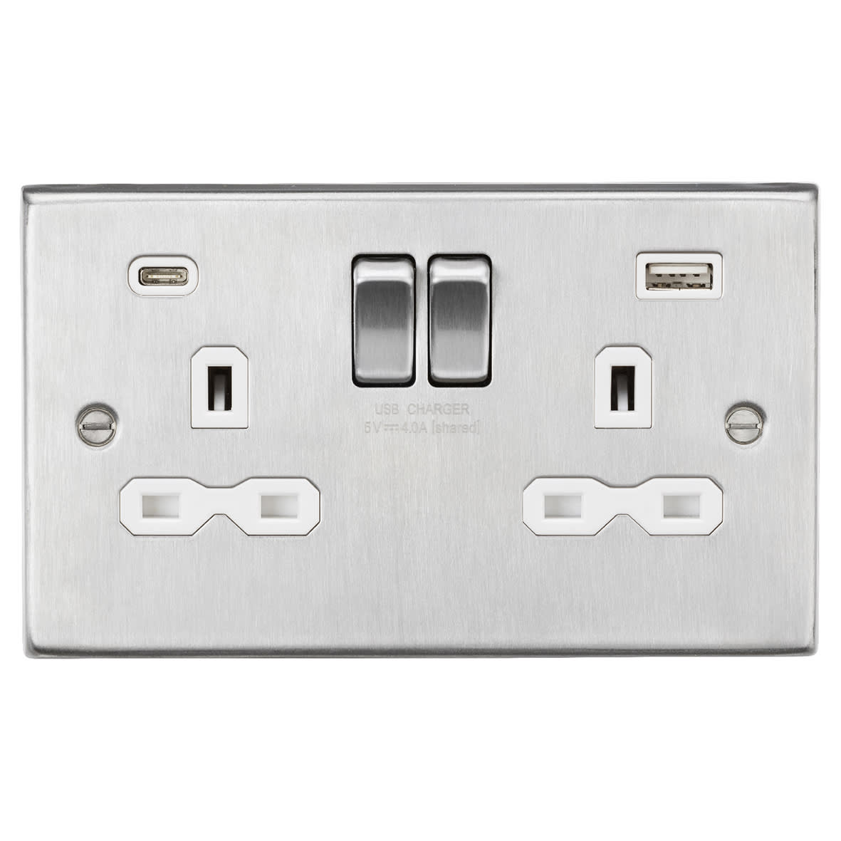 13A 2 Gang Square Edge Type A/C USB Socket with 2 x USB - 4A - Brushed Chrome/White