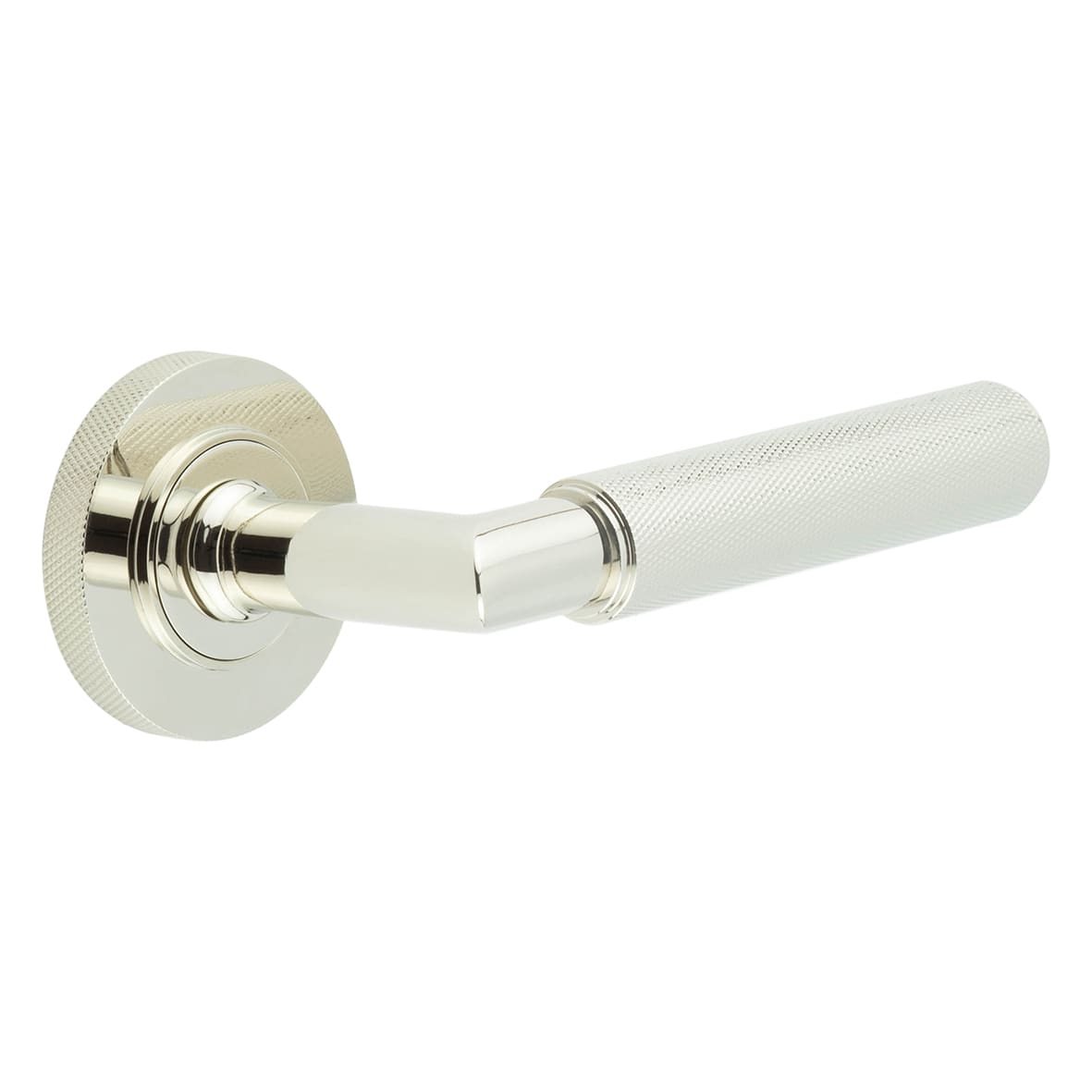 Polished Nickel Knurled Fire Rated Door Handles on Round Knurled Rose - Piccadilly Range