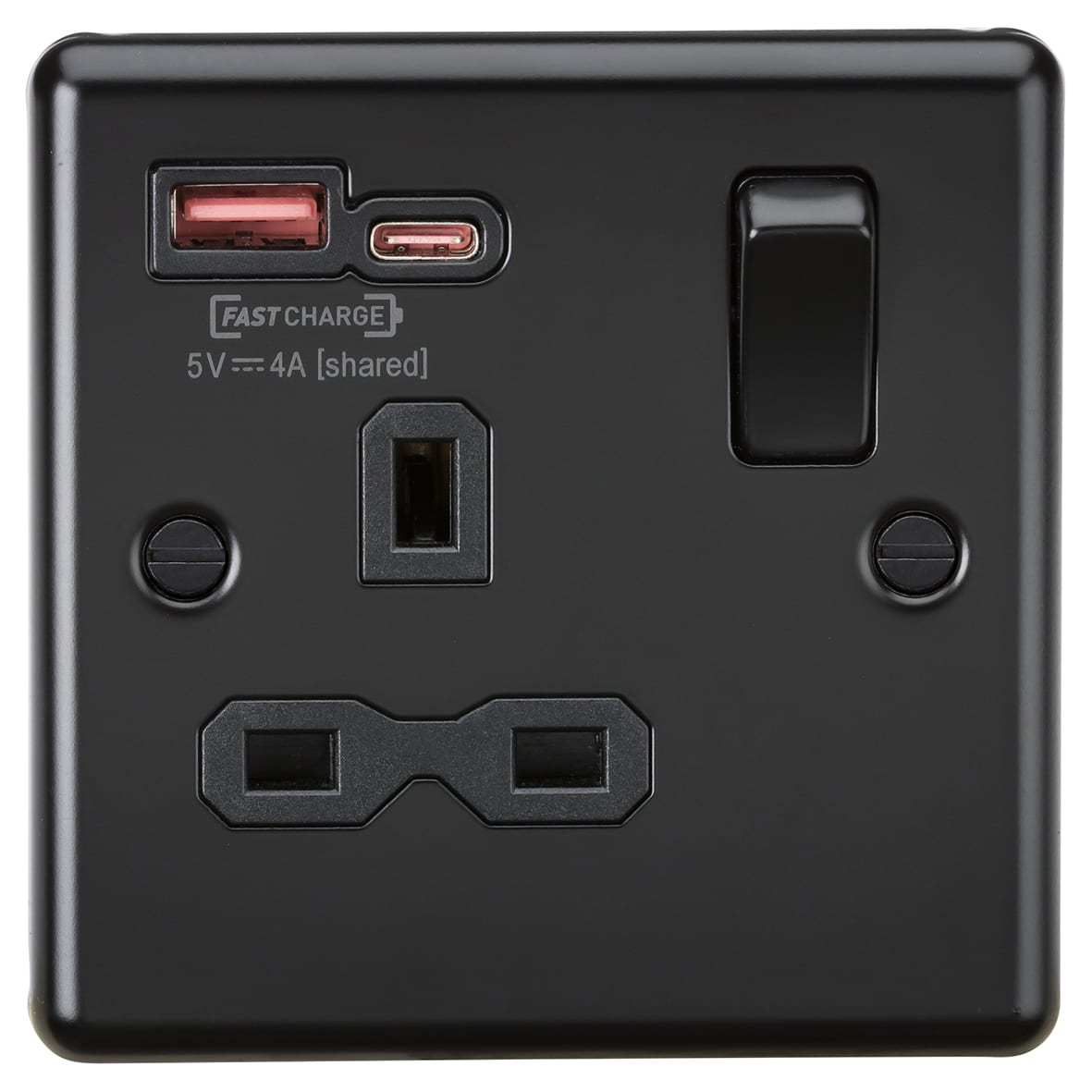 13A 1 Gang Round Edge Type A/C 18W USB Socket with 2 x USB - 1.5A - Matt Black/Black