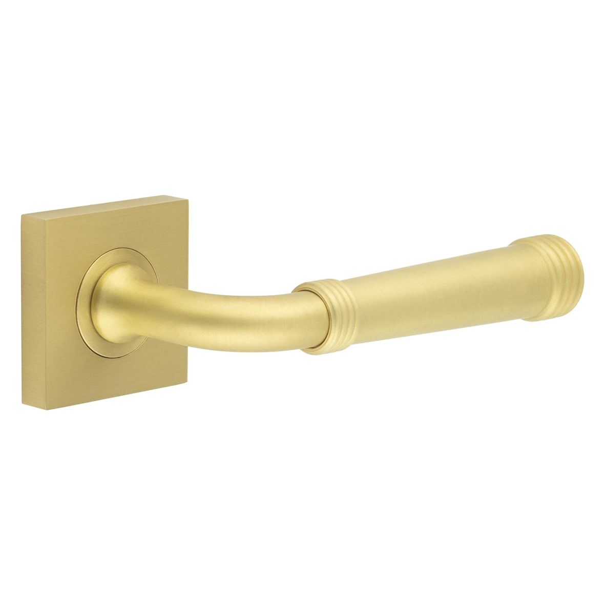 Satin Brass Fire Rated Door Handles on Square Rose - Highgate Range