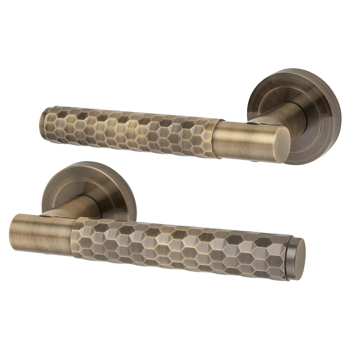 Antique Brass Honeycomb Door Handles on Round Rose - Cara Range