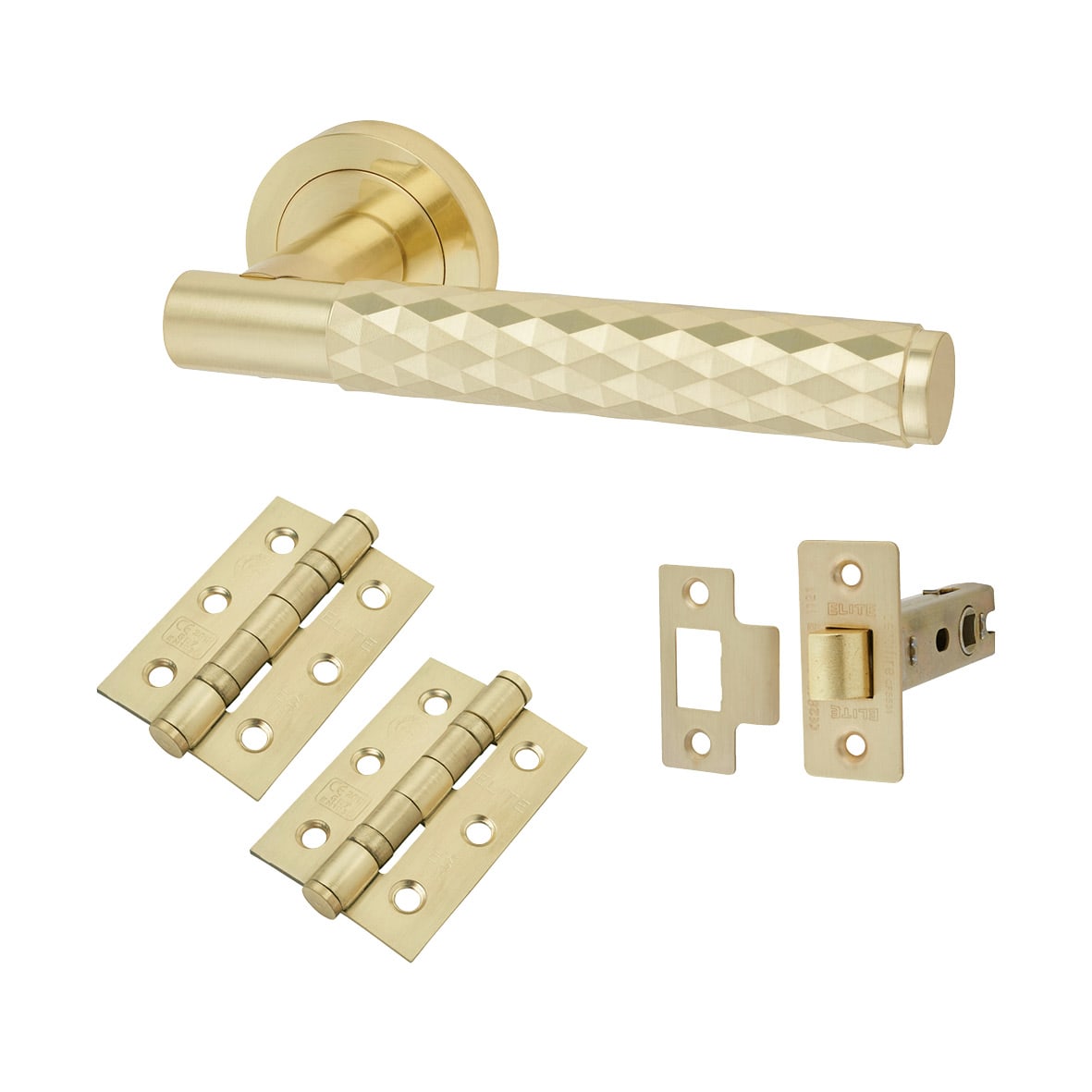 Satin Brass Diamond Latch Door Handles on Rose Pack - Luna Range