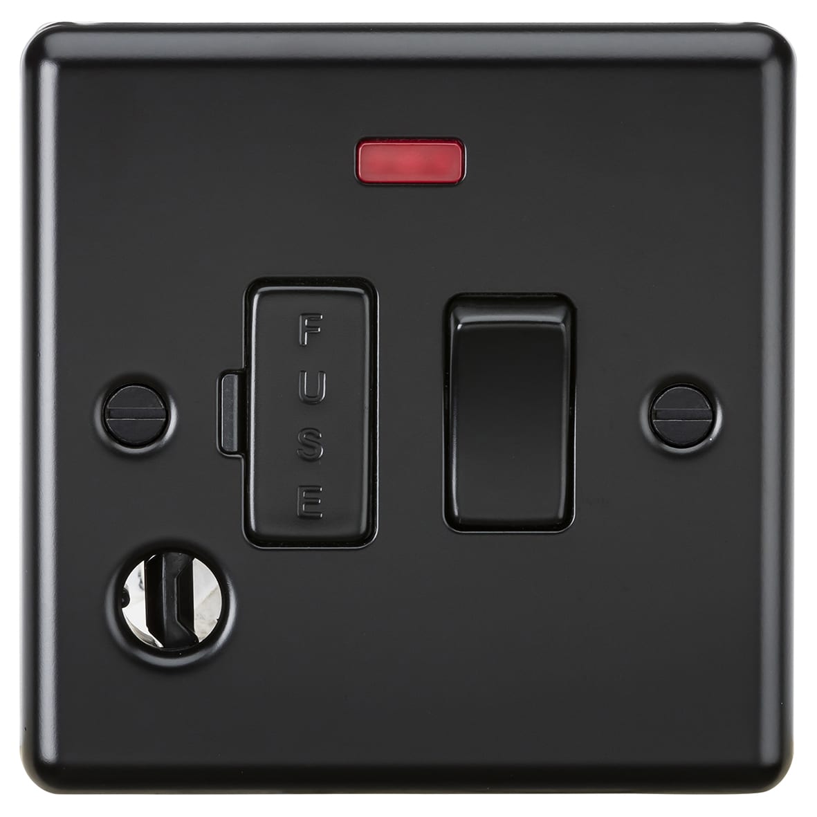 13A 1 Gang Round Edge Switched Fused Spur with Neon & Flex Outlet - Matt Black