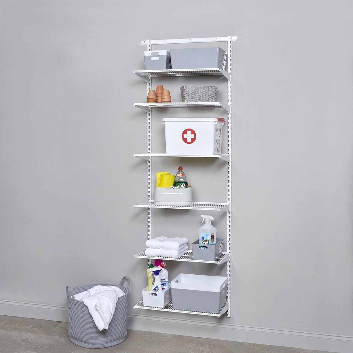 Wardrobe & Storage Starter Kit - 1 Bay, 6 Ventilated Wire Shelf - 641 x 2140 x 320mm - White