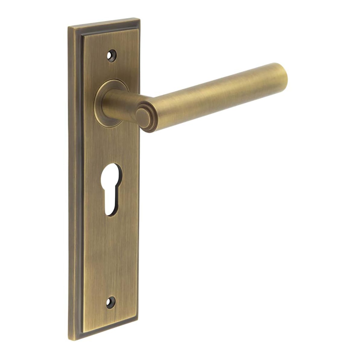 Antique Brass Fire Rated Euro Lock Door Handles - Richmond - 200 x 55mm