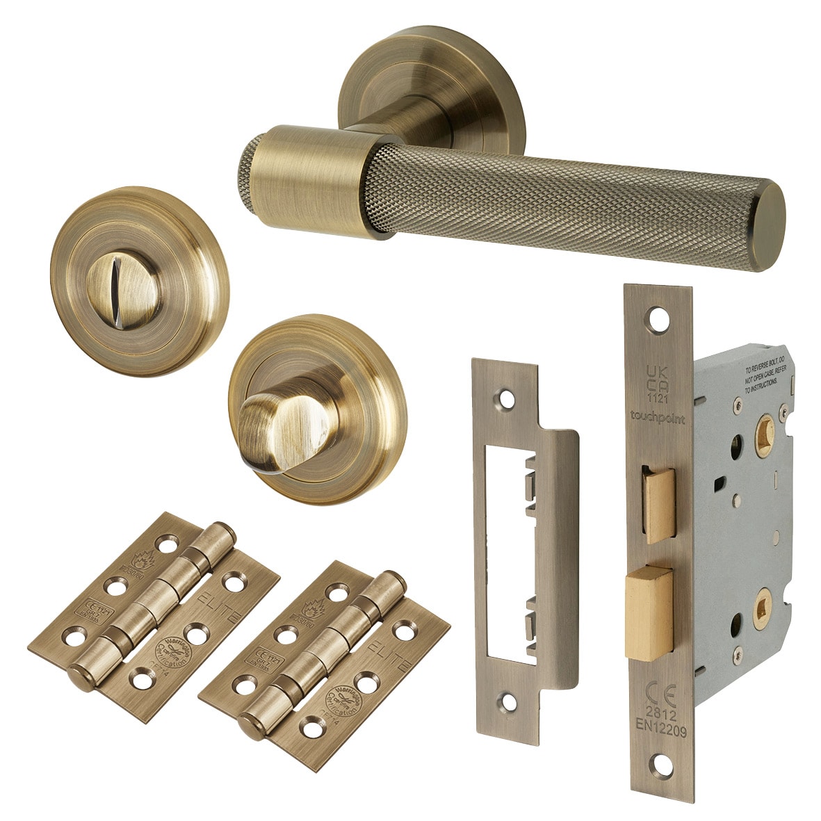 Antique Brass Knurled Bathroom Lock Door Handles on Rose Pack - Esme Range