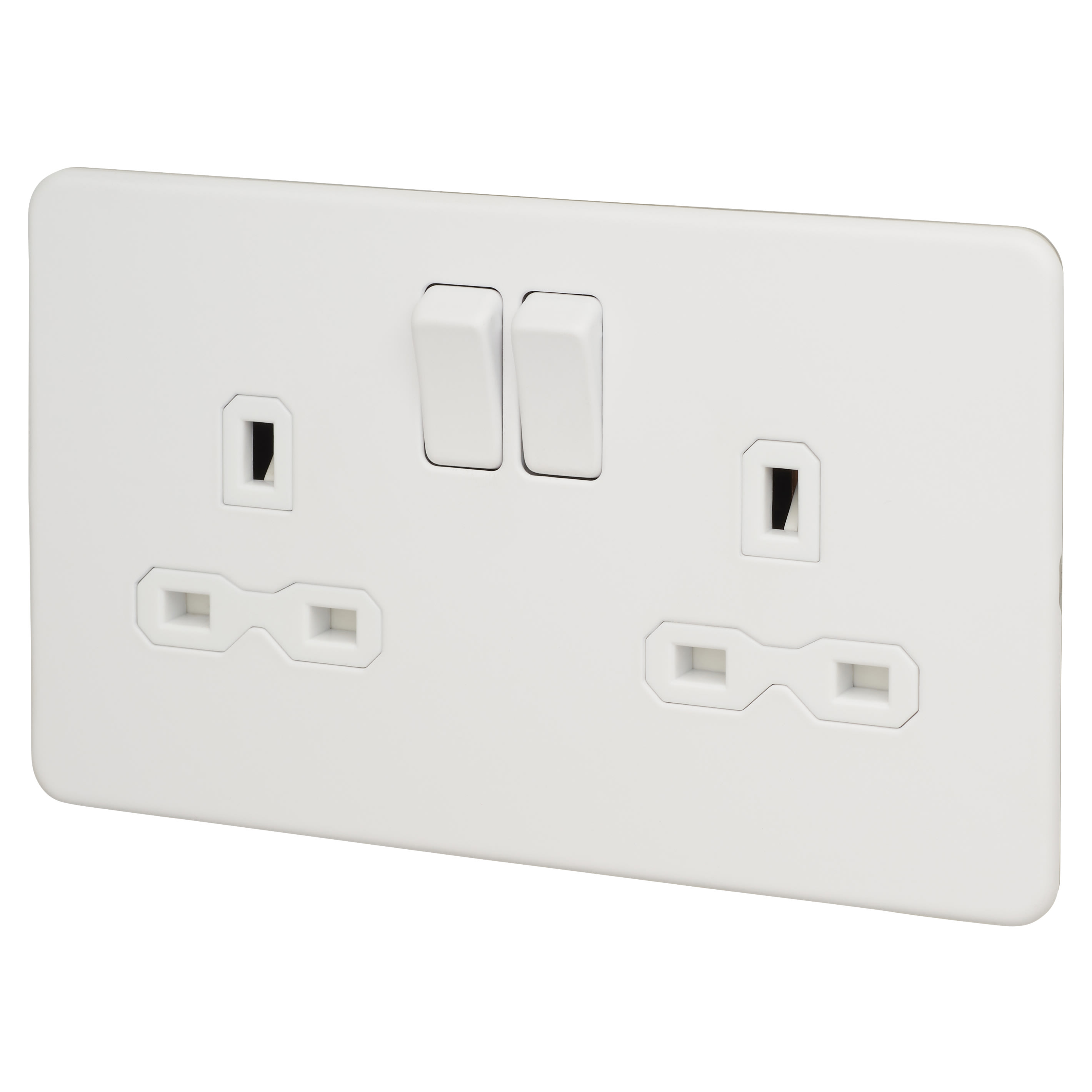13A 2 Gang Screwless Flat Plate Switched DP Switched Socket - Matt White/White Insert