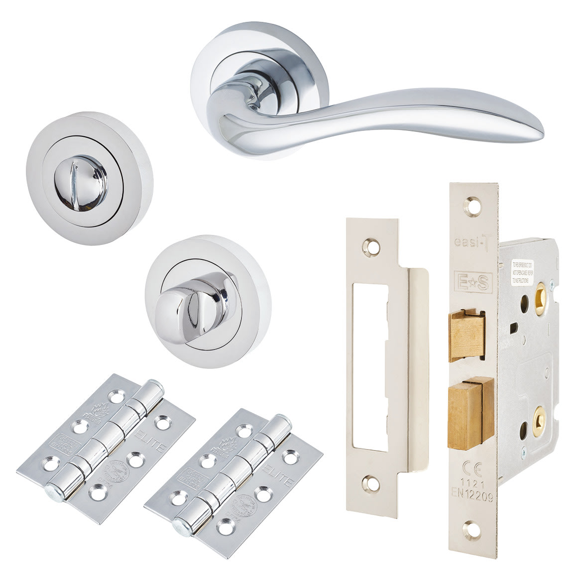 Polished Chrome Bathroom Lock Door Handles on Rose Pack - Sussex Range