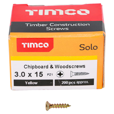 Solo Chippy Pozi Countersunk Wood Screws - 3.0 x 15mm - Yellow Zinc - Pack of 200