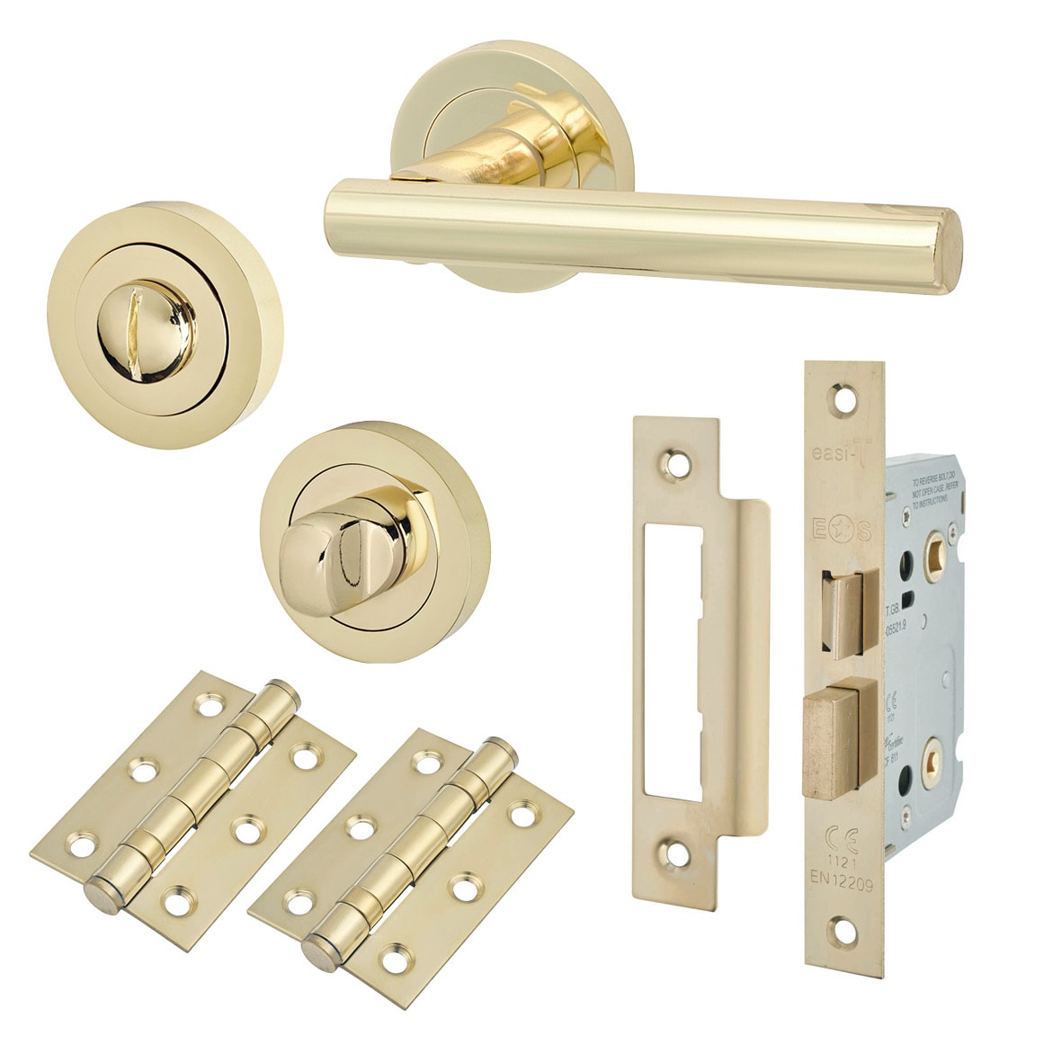 Polished Brass Bathroom Lock Door Handles on Rose Pack - Ella Range