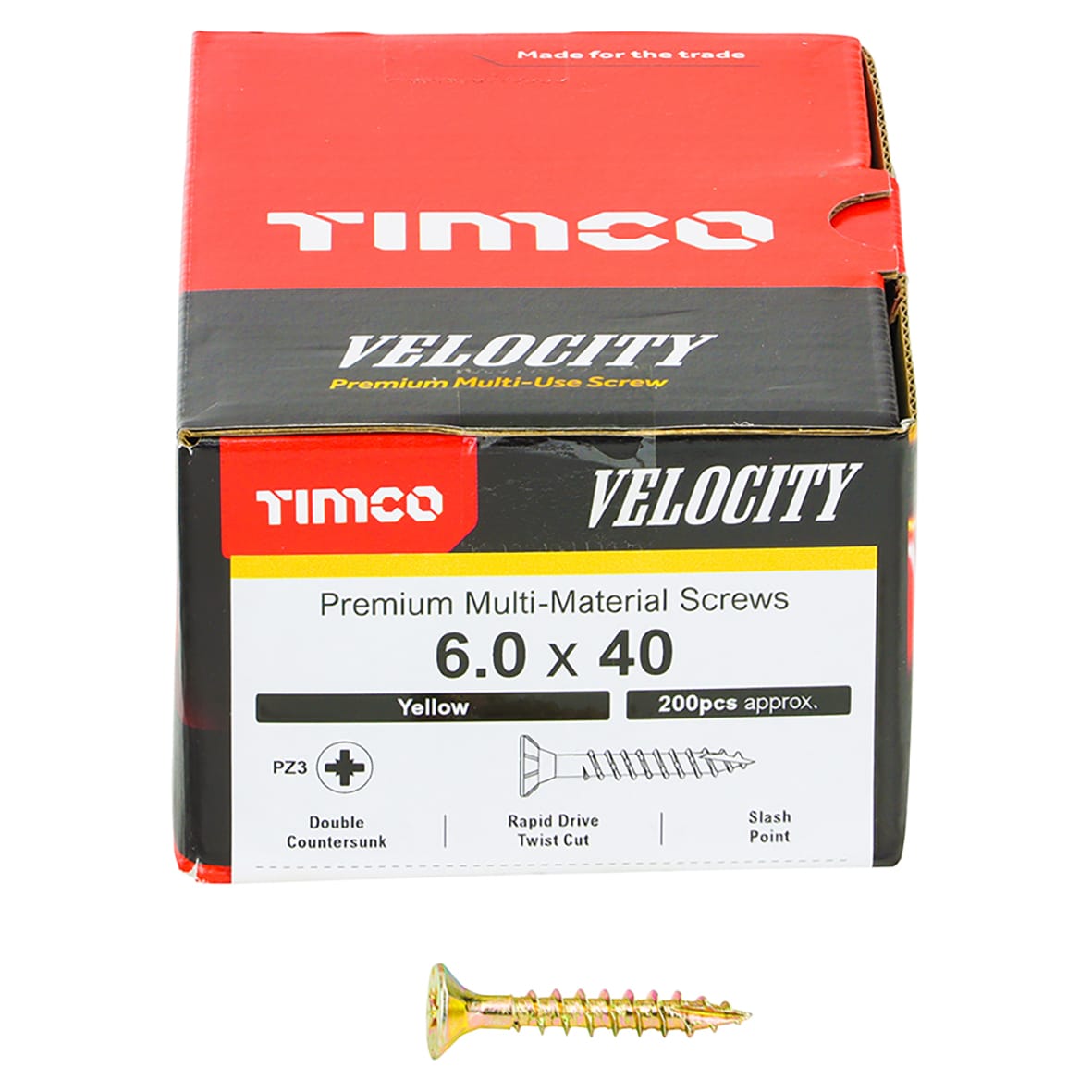Velocity Pozi Countersunk Wood Screws - 6.0 x 40mm - Yellow Zinc - Pack of 200