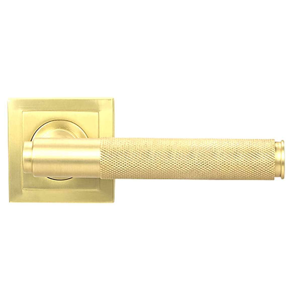 Satin Brass Knurled Door Handles on Square Rose - Brompton Range