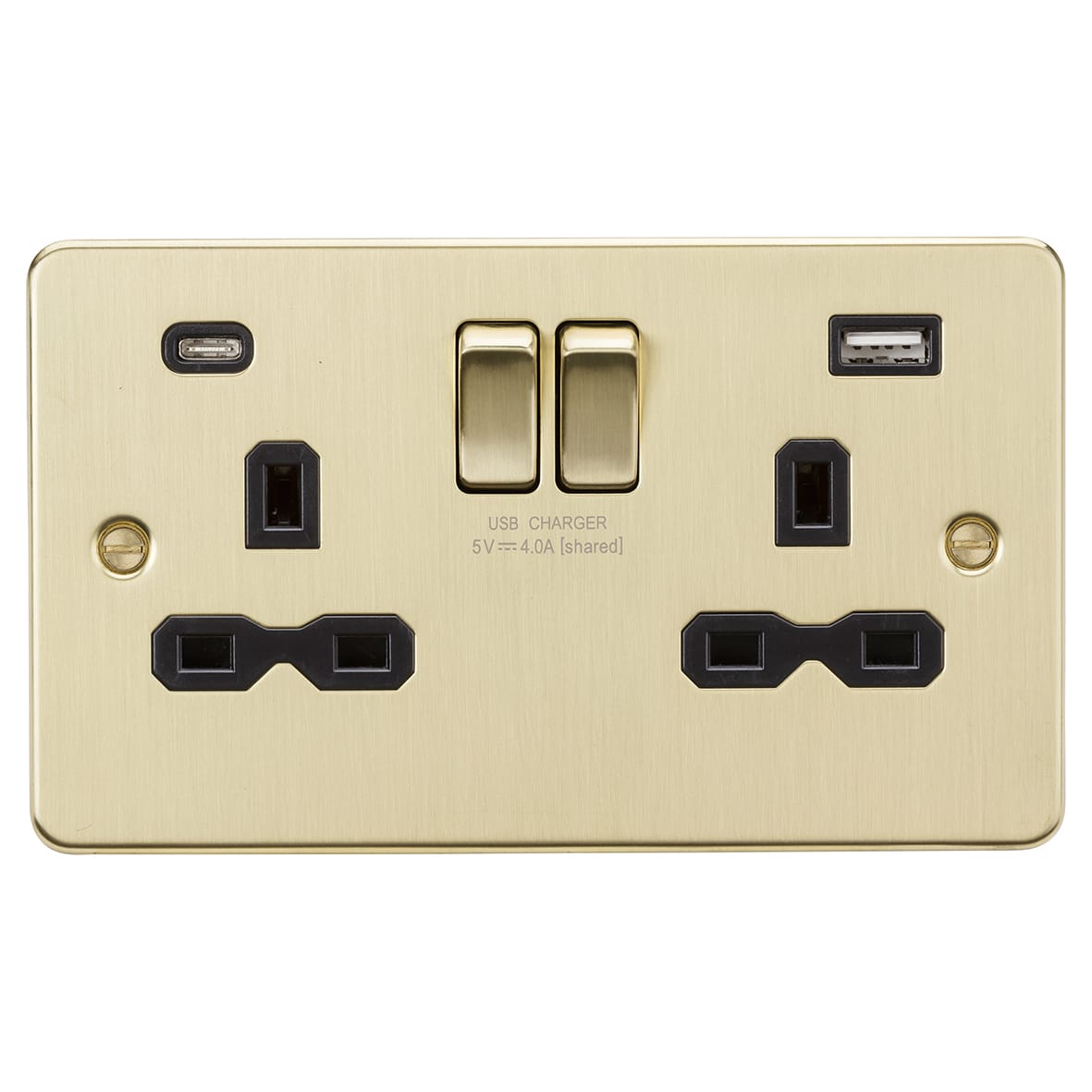 13A 2 Gang Flat Plate Type A/C USB Socket with 2 x USB - 4A - Brushed Brass/Black