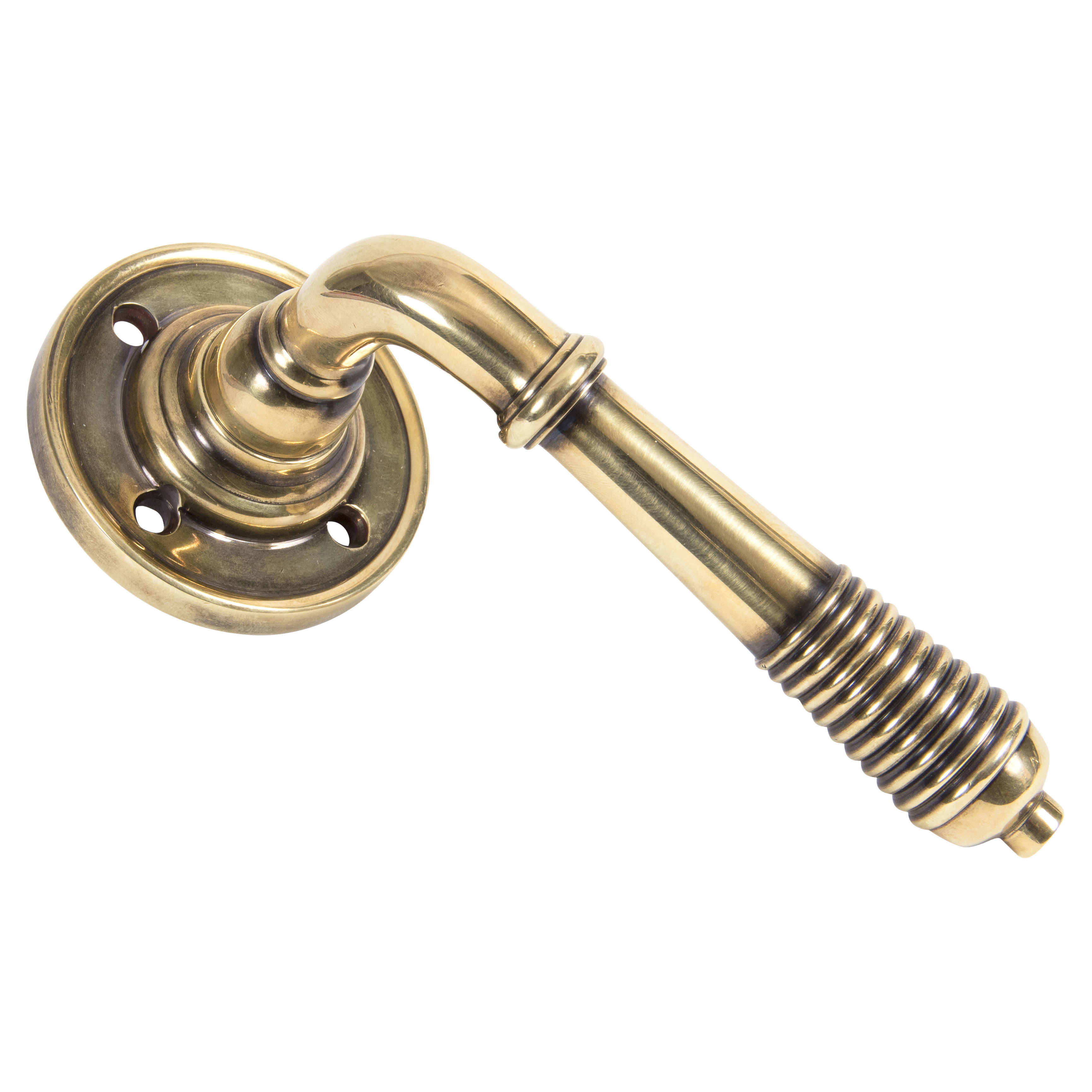 Aged Brass Reeded Door Handles on Round Rose