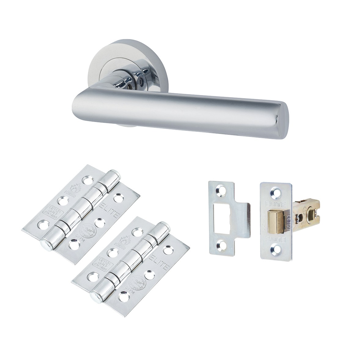Polished Chrome Latch Door Handles on Rose Door Pack - Emily Range