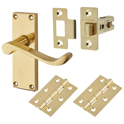 Polished Brass Budget Scroll Latch Door Handles Pack - Short Plate