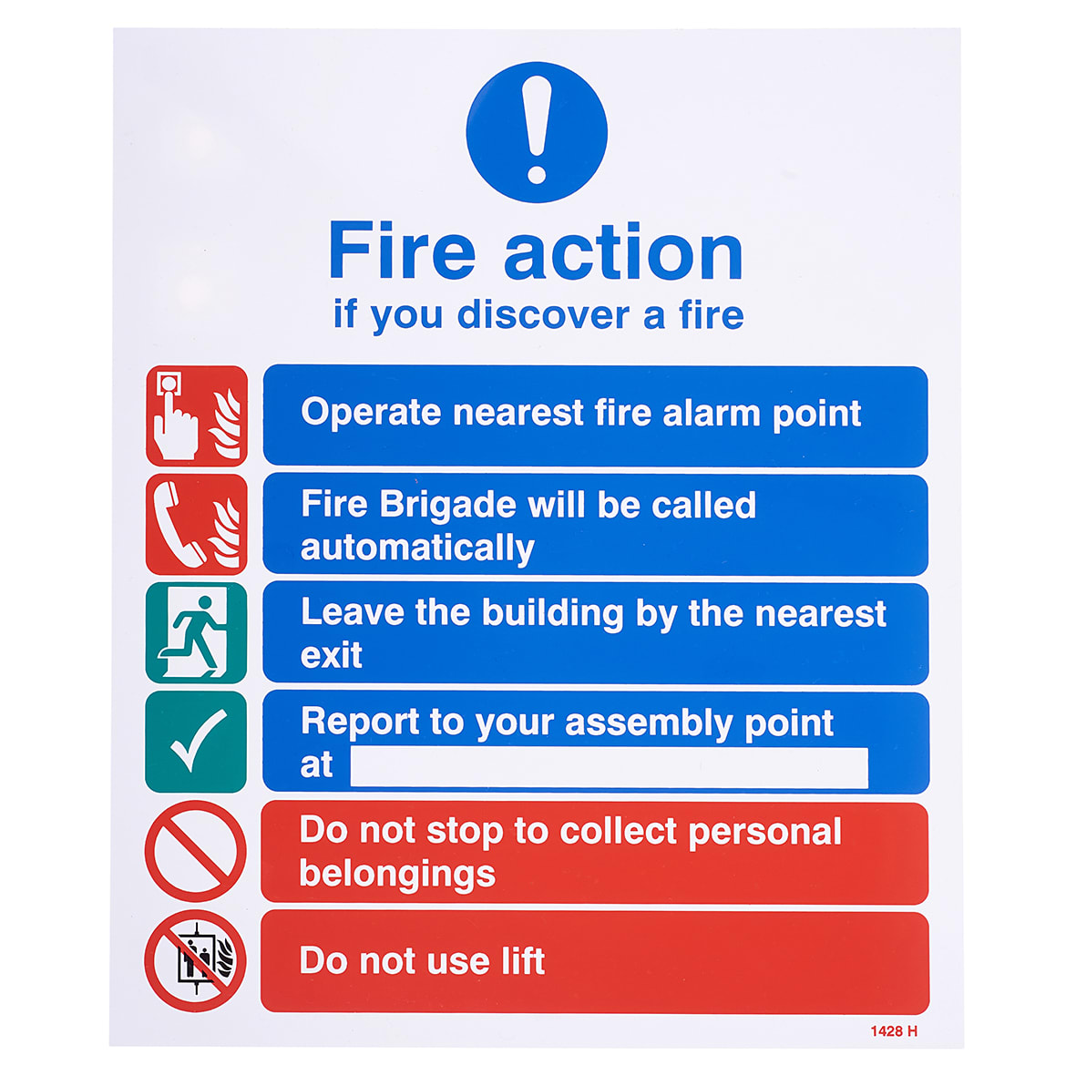 Standard Fire Action Safety Sign - 250 x 300mm - Rigid Plastic