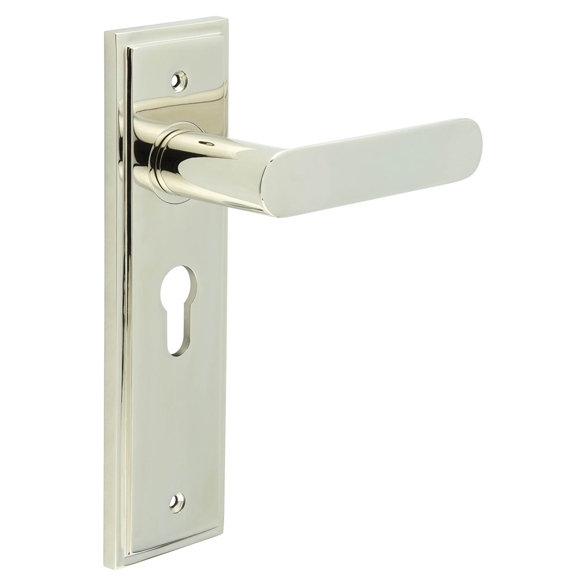 Polished Nickel Fire Rated Euro Lock Door Handles - Kensington - 200 x 55mm
