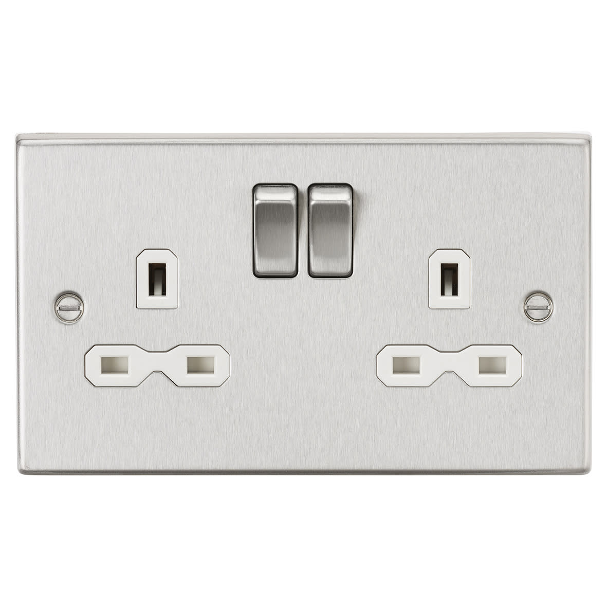 13A 2 Gang DP Switched Socket with Twin Earths - Brushed Chrome with White Insert