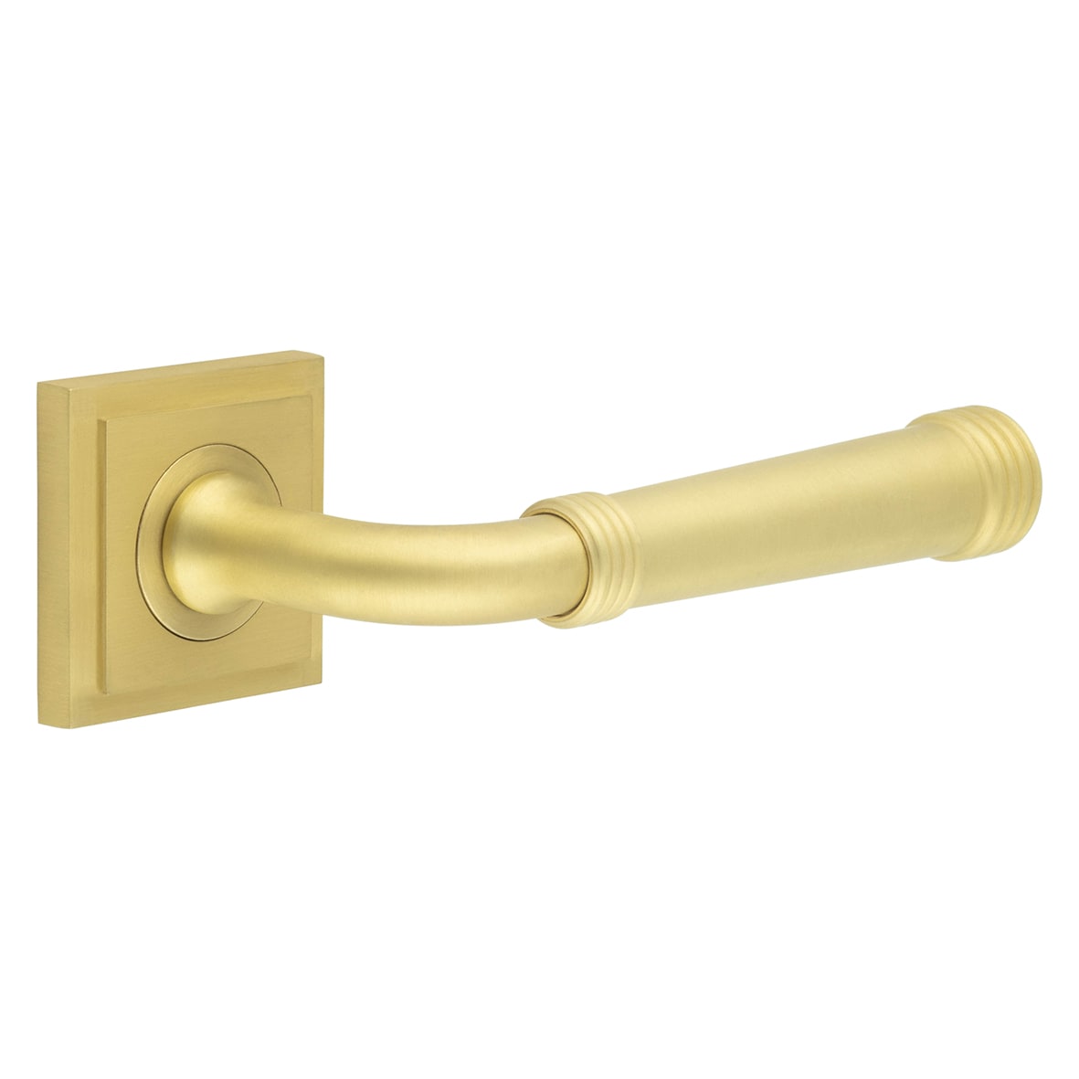 Satin Brass Fire Rated Door Handles on Square Stepped Rose - Highgate Range