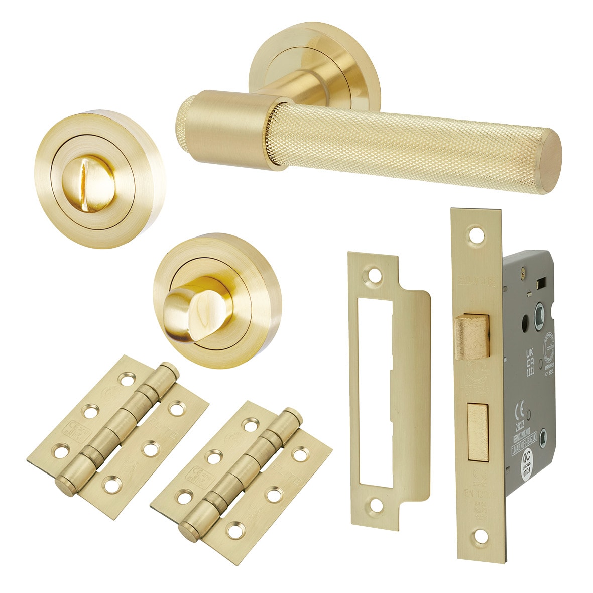 Satin Brass Knurled Bathroom Lock Door Handles on Rose Pack - Esme Range