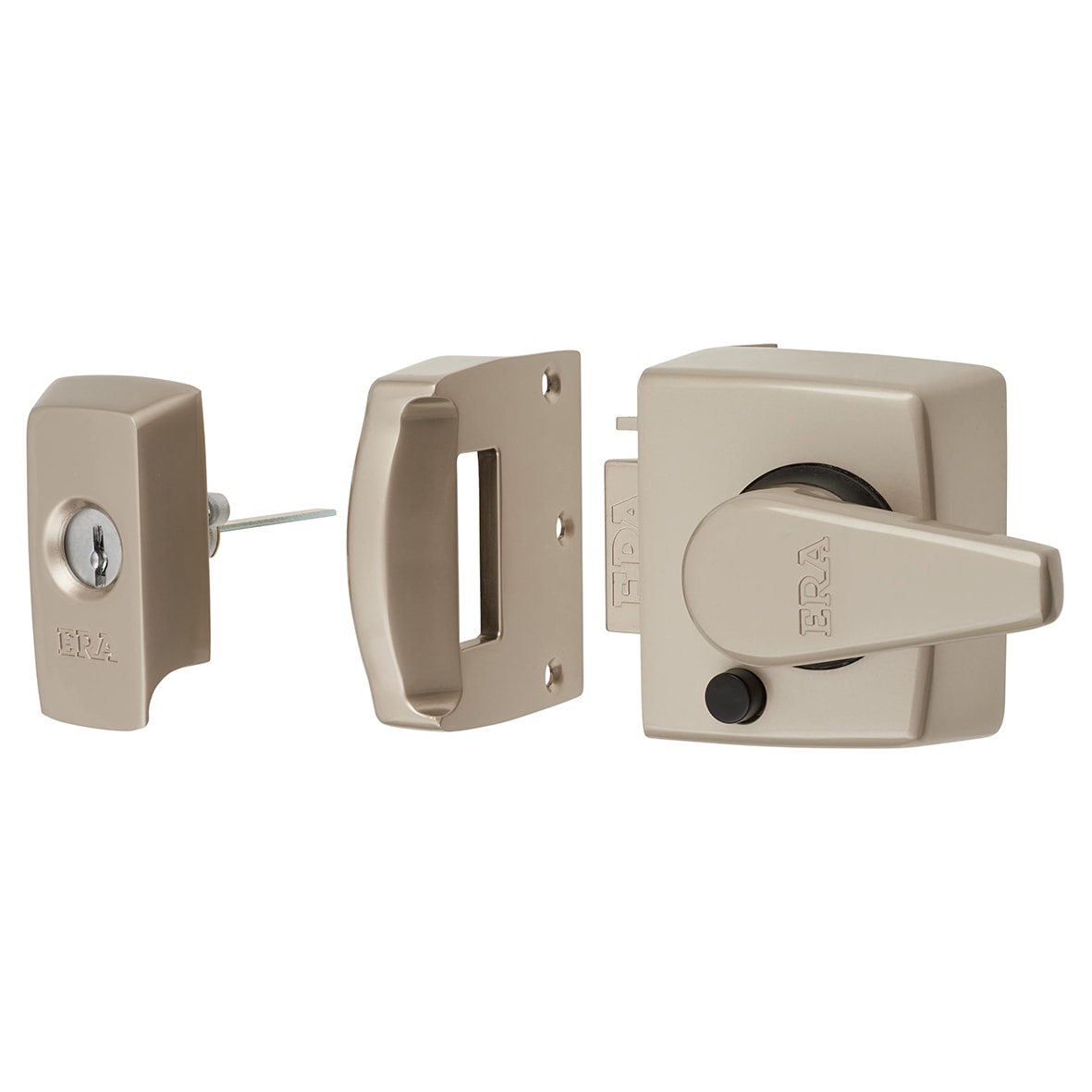 BS 3621:2007 Keyless Egress Nightlatch - 40mm Backset - Satin Nickel Case/ Cylinder