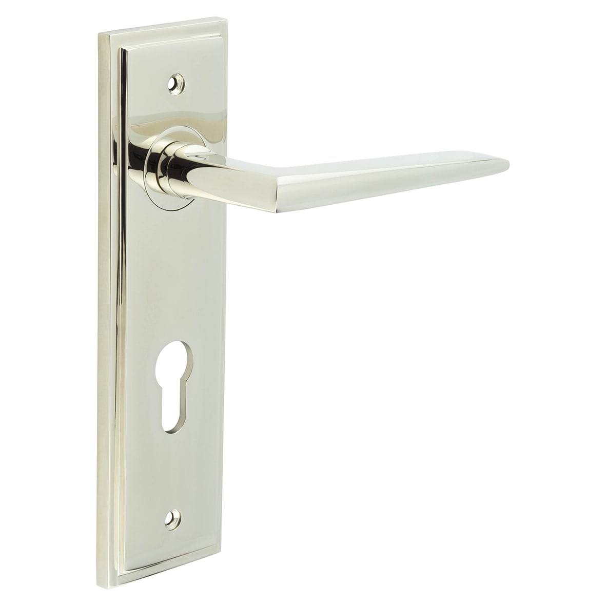 Polished Nickel Fire Rated DIN Euro Lock Door Handles - Mayfair - 200 x 55mm