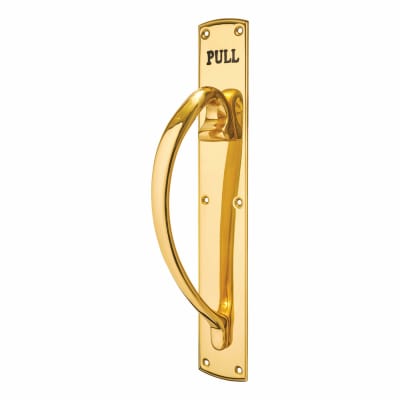 Polished Brass Offset Door Pull Handle on Plate - PULL - Screw Fix - 450 x 75mm - LH